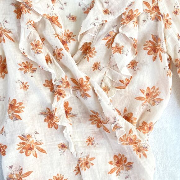 Free People Amanda Accent Blouse Top Sz XS Ruffle Floral Wrap Boho Gauzy Sheer - Picture 4 of 10